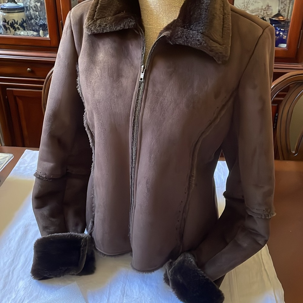 Pristine USA faux fur lined Suede Sherpa brown jacket size L - Picture 2 of 13